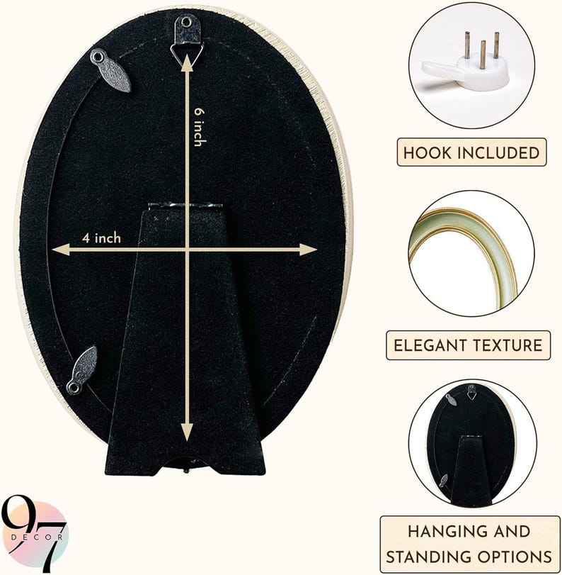 The back of an oval frame, showing a 4x6 inch measurement, an easel stand, a hanging hook, and text describing features like "HOOK INCLUDED" and "HANGING AND STANDING OPTIONS."