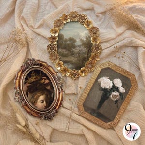May include: Three decorative wall frames. One oval frame features a gold floral border surrounding a landscape painting. A second oval frame has an ornate metallic finish and contains a portrait of a person wearing a crown. A rectangular frame has a textured gold border and displays a still life painting of white flowers.