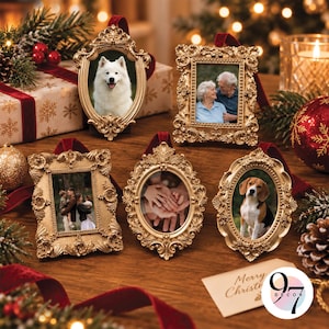 May include: Five ornate gold-toned picture frames with intricate scrollwork and red velvet ribbons. The frames display various photographs, including a white dog, an elderly couple, a family, hands joined together, and a beagle dog.
