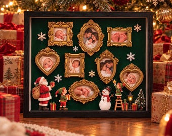 Könnte beinhalten: Ein schwarzer rechteckiger Schattenkasten-Rahmen mit dunkelgrünem Samthintergrund, sieben verzierten goldenen Bilderrahmen mit Baby- und Familienfotos sowie Miniatur-Weihnachtsfiguren wie Weihnachtsmann, Elfen und einem Schneemann.