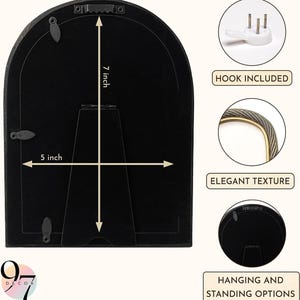 The black velvet back of an arched picture frame with dimensions measuring 7 inches high by 5 inches wide, plus inset images showing included hardware and hanging options.