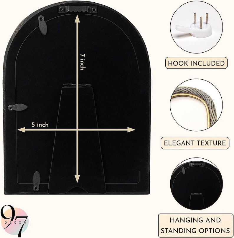 The black velvet back of an arched picture frame with dimensions measuring 7 inches high by 5 inches wide, plus inset images showing included hardware and hanging options.