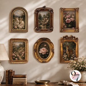 May include: A collection of six wall-mounted framed art pieces featuring various nature scenes including rabbits, floral arrangements, and a deer. The frames are ornate, gold, and brown, with rectangular, arched, and oval shapes displayed together.