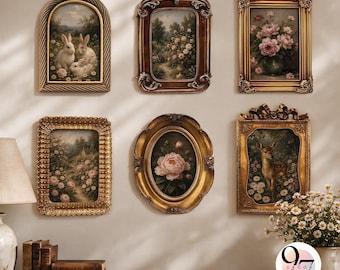 May include: A collection of six wall-mounted framed art pieces featuring various nature scenes including rabbits, floral arrangements, and a deer. The frames are ornate, gold, and brown, with rectangular, arched, and oval shapes displayed together.