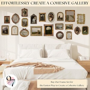 A bedroom scene with a bed and nightstands, featuring a wall covered in various framed artworks in different shapes and sizes.