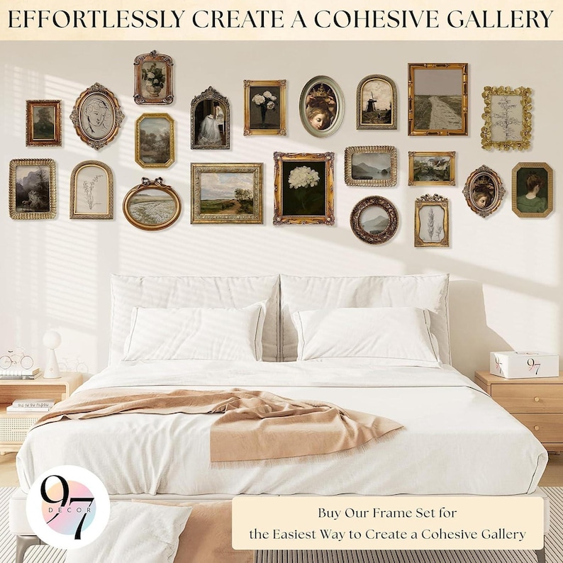 A bedroom scene with a bed and nightstands, featuring a wall covered in various framed artworks in different shapes and sizes.