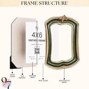 An exploded view of a rectangular green and gold frame, showing its components: an easel stand, flip backing, 97Decor print, real glass, and high-quality resin.