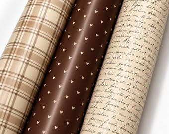 Neutral Brown Wrapping Paper, Beige Plaid, Cream Hearts, Vintage Script