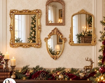 Könnte beinhalten: Ein Set aus vier goldfarbenen Wandspiegeln mit verzierten, dekorativen Rahmen. Die Kollektion umfasst einen rechteckigen Spiegel, zwei Bogenspiegel und einen ovalen Spiegel, alle mit detaillierten Verzierungen und Glasflächen.