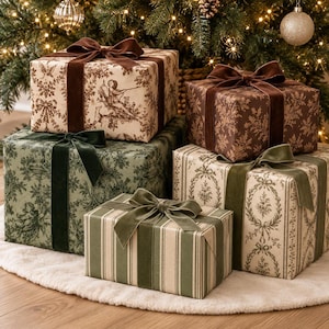Toile Gift Wrap in Sage Green and Brown, Vintage Floral Designs, Matte or Satin Finish