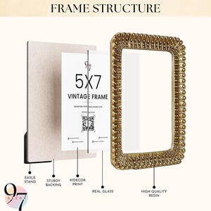 An exploded diagram of a beaded rectangular gold picture frame showing the easel stand, backing, print, glass, and resin frame components.
