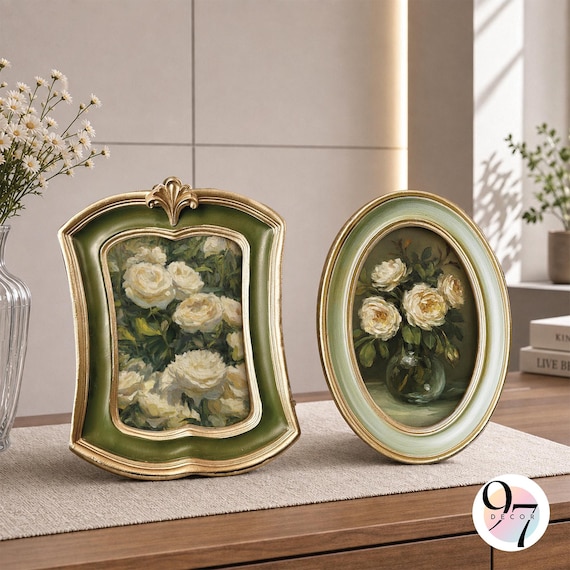 COMBO 2 | 4x6 Picture Frame in Soft Green and Antique Gold, Oval or Rectangle Design