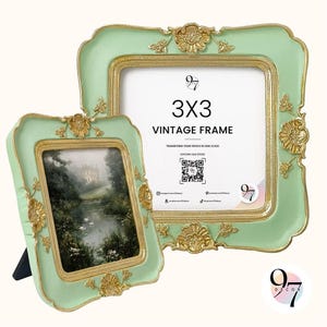 Two light green square picture frames with gold ornate details are displayed, one smaller with a landscape painting and one larger with "3x3 VINTAGE FRAME" text.