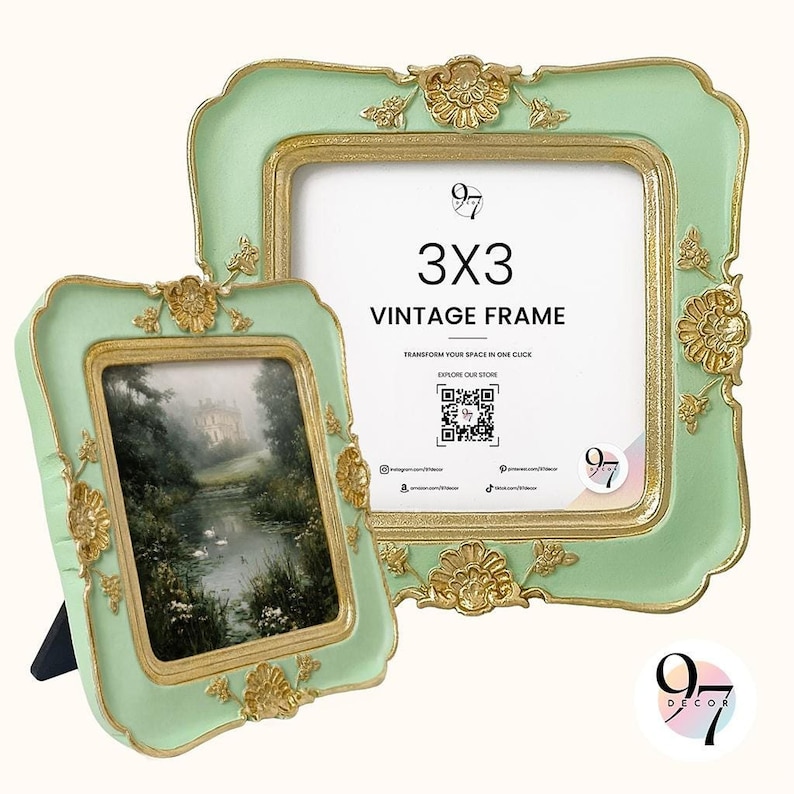 Two light green square picture frames with gold ornate details are displayed, one smaller with a landscape painting and one larger with "3x3 VINTAGE FRAME" text.