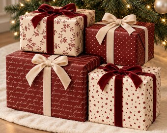 Vintage Christmas Wrapping Paper, Red & Cream, Florals and Stars, Script and Dots