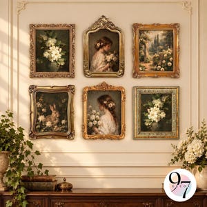 May include: A gallery wall arrangement of six rectangular framed art prints featuring classical oil-style paintings of white flowers, a rabbit in a garden, and figures in white dresses, all encased in ornate gold-toned frames on a wall.