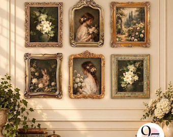 Könnte beinhalten: Eine Galerie-Wand mit sechs rechteckigen, gerahmten Kunstdrucken, die klassische Ölgemälde von weißen Blumen, einem Kaninchen im Garten und Figuren in weißen Kleidern zeigen, alle in verzierten goldfarbenen Rahmen an einer Wand.