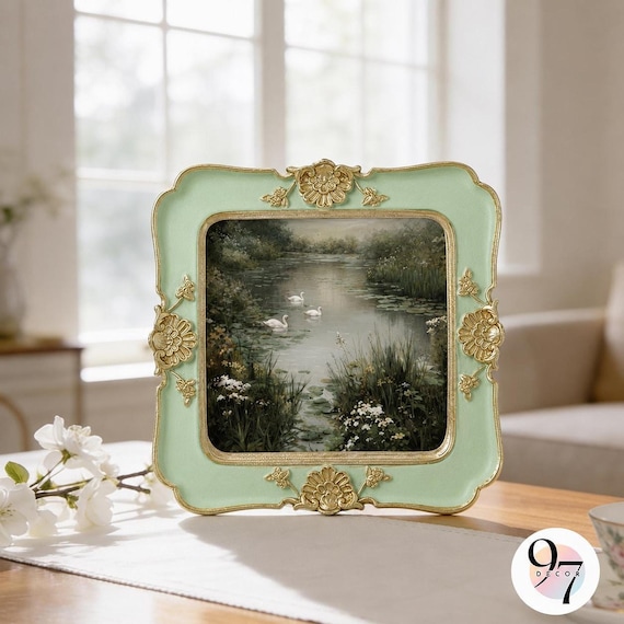 3x3 Green Square Picture Frame, Gold Ornate Resin Frame, Vintage Home Decor, Housewarming Gift