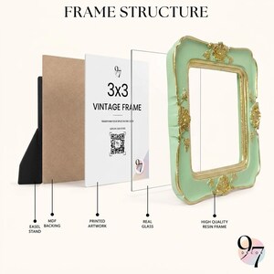 An exploded view of the picture frame components: MDF backing, printed artwork, real glass, and a high-quality resin frame in light green with gold details.