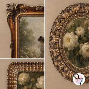 Close-up views of three ornate gold and dark bronze picture frames showing intricate corner and edge moldings.