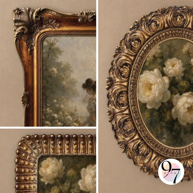 Close-up views of three ornate gold and dark bronze picture frames showing intricate corner and edge moldings.