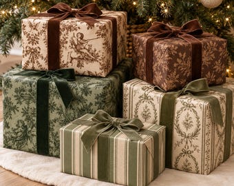 Vintage Toile Wrapping Paper, Sage Green & Brown, Floral Bows, Stripes