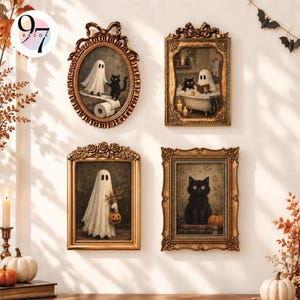 May include: Four framed wall art pieces featuring illustrations of a white ghost and a black cat. One oval frame shows a ghost with toilet paper, a rectangular frame shows a ghost in a bathtub, another shows a ghost with a pumpkin, and one shows a cat.