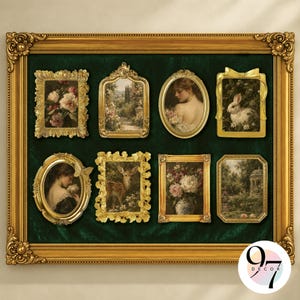 May include: A large rectangular gold frame containing a dark green velvet board with eight smaller ornate gold frames. These frames display various images including floral arrangements, a deer, a rabbit, and portraits of people in a garden setting.