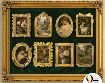 Könnte beinhalten: Ein großer rechteckiger goldener Rahmen mit einer dunkelgrünen Samttafel, auf der acht kleinere, verzierte goldene Rahmen angebracht sind. Diese zeigen verschiedene Bilder, darunter Blumenarrangements, ein Reh, ein Hase und Porträts.