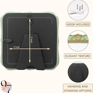 The back of a light green square picture frame with a black easel stand and hanging hook, showing dimensions of 3 inches by 3 inches.
