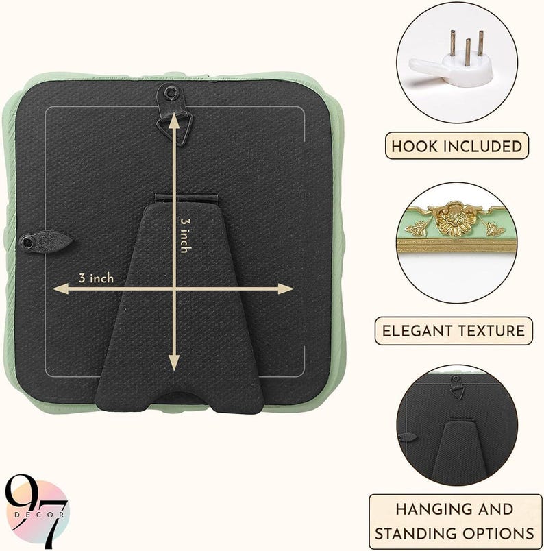 The back of a light green square picture frame with a black easel stand and hanging hook, showing dimensions of 3 inches by 3 inches.