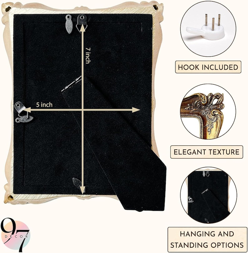 The black velvet back of a rectangular ornate picture frame with 7 by 5 inch dimension arrows, along with close-up inset views of the hanging hook and frame texture.