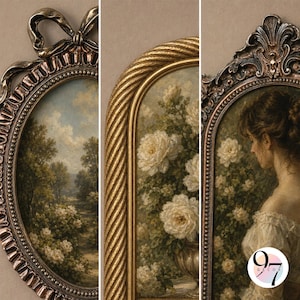 Close-up details of three different ornate picture frames showing the frame texture and enclosed classic paintings.
