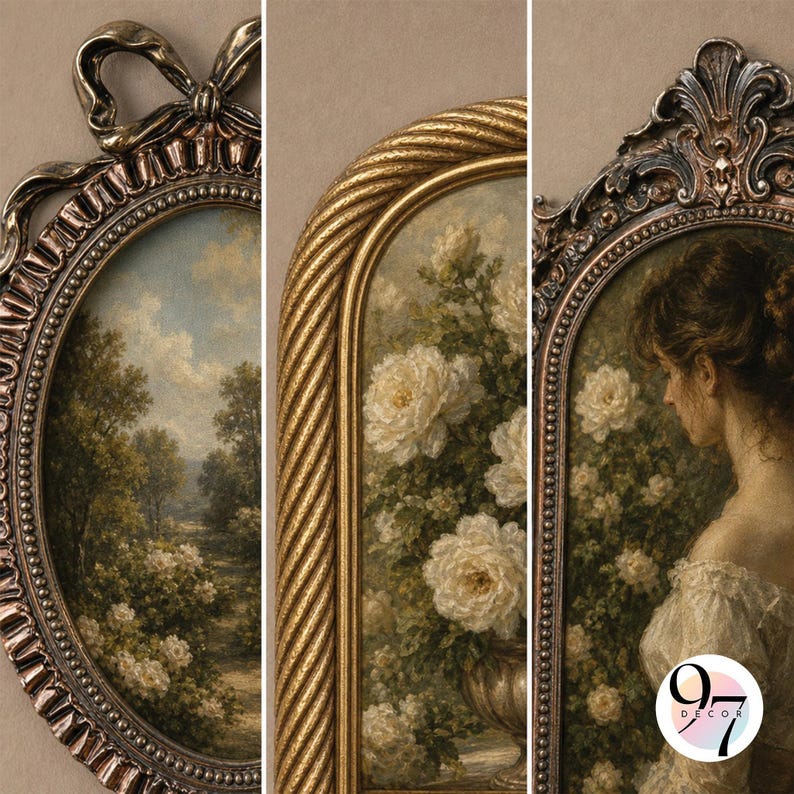 Close-up details of three different ornate picture frames showing the frame texture and enclosed classic paintings.