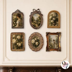 May include: A collection of six wall-mounted framed art pieces featuring various floral and figure paintings. The frames are ornate, metallic, and gold or bronze in color, with rectangular, oval, and arched shapes displayed on a light wall.