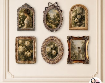 Könnte beinhalten: Eine Sammlung von sechs wandmontierten gerahmten Kunstwerken mit verschiedenen Blumen- und Figurenmalereien. Die Rahmen sind verziert, metallisch und gold- oder bronzefarben, mit rechteckigen, ovalen und bogenförmigen Designs an einer hellen Wand.