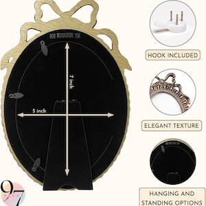 The black velvet back of an oval bow-topped picture frame labeled with 7 by 5 inch dimensions, alongside small inset photos illustrating included hooks and stand options.