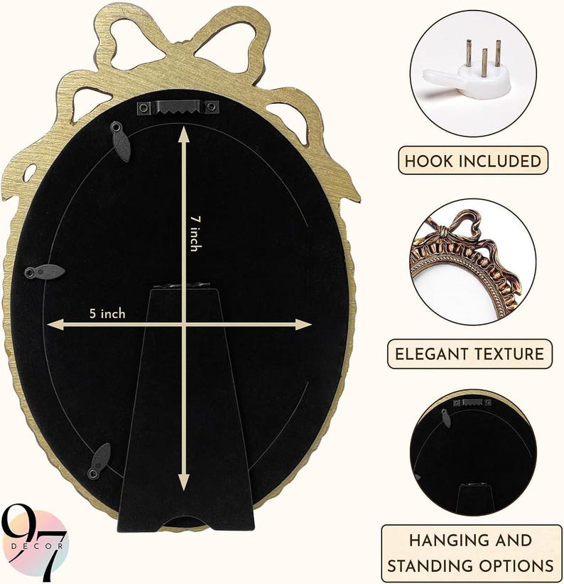 The black velvet back of an oval bow-topped picture frame labeled with 7 by 5 inch dimensions, alongside small inset photos illustrating included hooks and stand options.