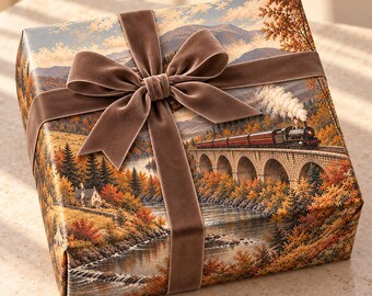 Vintage Steam Train Wrapping Paper, Autumn Landscape Gift Wrap, Scenic Railway Design, Christmas and Birthday Wrap for Train Lovers