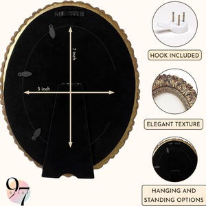 The black velvet back of a round ornate picture frame featuring 7 by 5 inch dimension lines, plus side callouts demonstrating the included wall hook and hardware.
