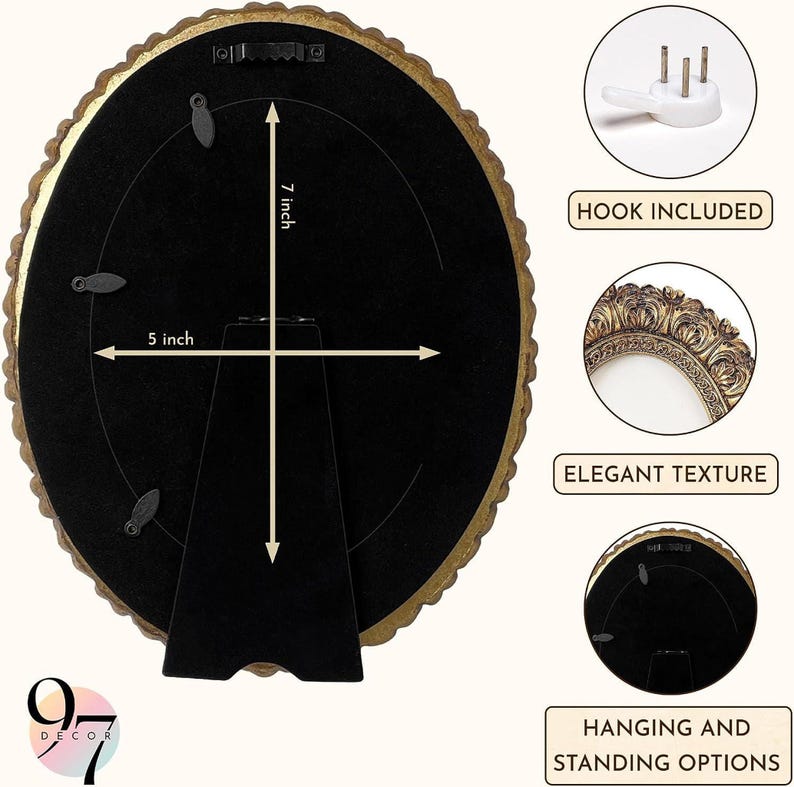 The black velvet back of a round ornate picture frame featuring 7 by 5 inch dimension lines, plus side callouts demonstrating the included wall hook and hardware.
