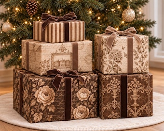 Victorian Style Wrapping Paper, Brown Florals, Antique Script, Baroque Damask