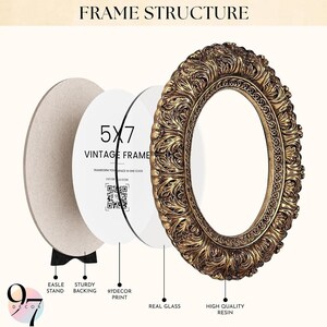 An exploded view of a round ornate gold picture frame illustrating the easel stand, backing, print, glass, and heavily carved resin frame.