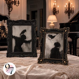 May include: Two rectangular picture frames with ornate, dark, and textured borders. The left frame displays a silhouette of a figure with a crow perched on its head. The right frame features a silhouette of a person with a crow flying above.