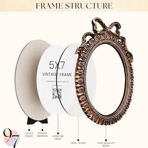 An exploded view of an oval vintage picture frame topped with a bow, breaking down its easel stand, backing, print, glass, and resin frame.