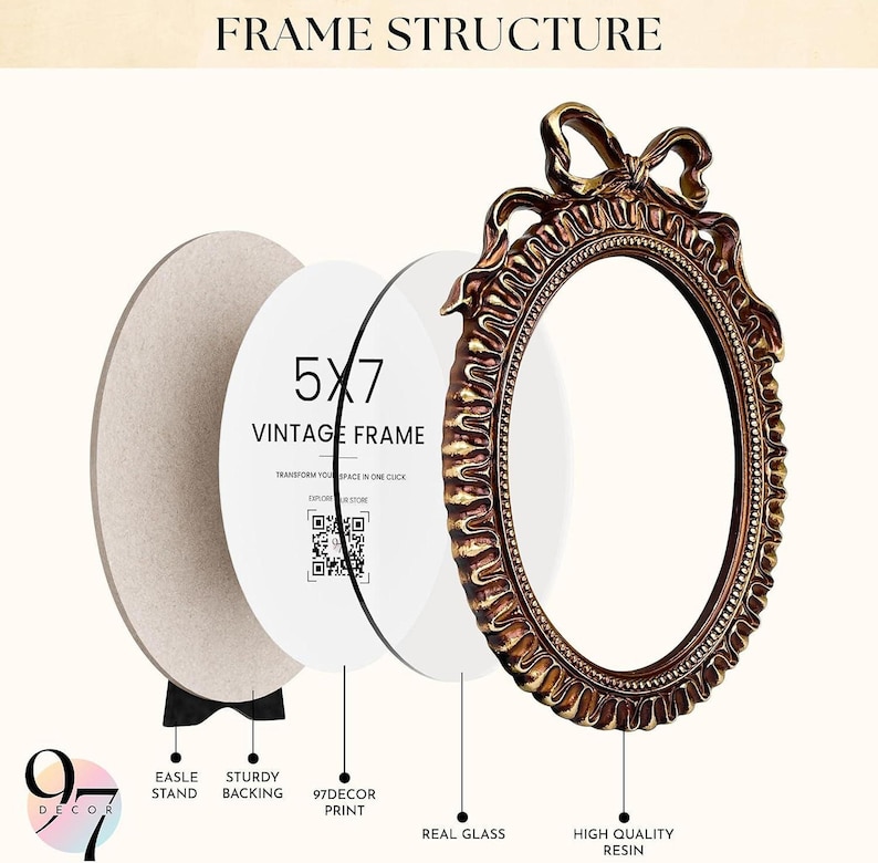 An exploded view of an oval vintage picture frame topped with a bow, breaking down its easel stand, backing, print, glass, and resin frame.