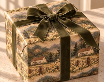 Vintage Cottage Wrapping Paper, Countryside Landscape Gift Wrap, Cottagecore Floral Design, Christmas Wrap for Nature Lovers