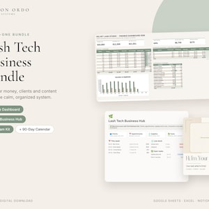 May include: A digital business bundle for lash technicians featuring a finance dashboard, Notion business hub, Instagram kit, and 90-day calendar. The interface displays tables, charts, and client management tools in a neutral color palette.