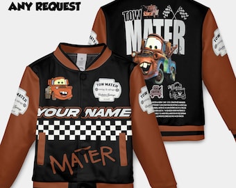 Tow Mater Disney Pixar Car Kids and Youth Baseball Jacket, Aldult Unisex Varsity Baseball Jacket, Lightning Mcqueen Baseball Jacket