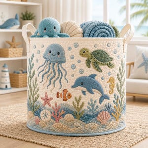 May include: A cylindrical fabric storage basket featuring a quilted texture and an ocean-themed design. The exterior displays embroidered appliques of a blue jellyfish, a green sea turtle, a blue dolphin, a clownfish, and a seahorse among coral.